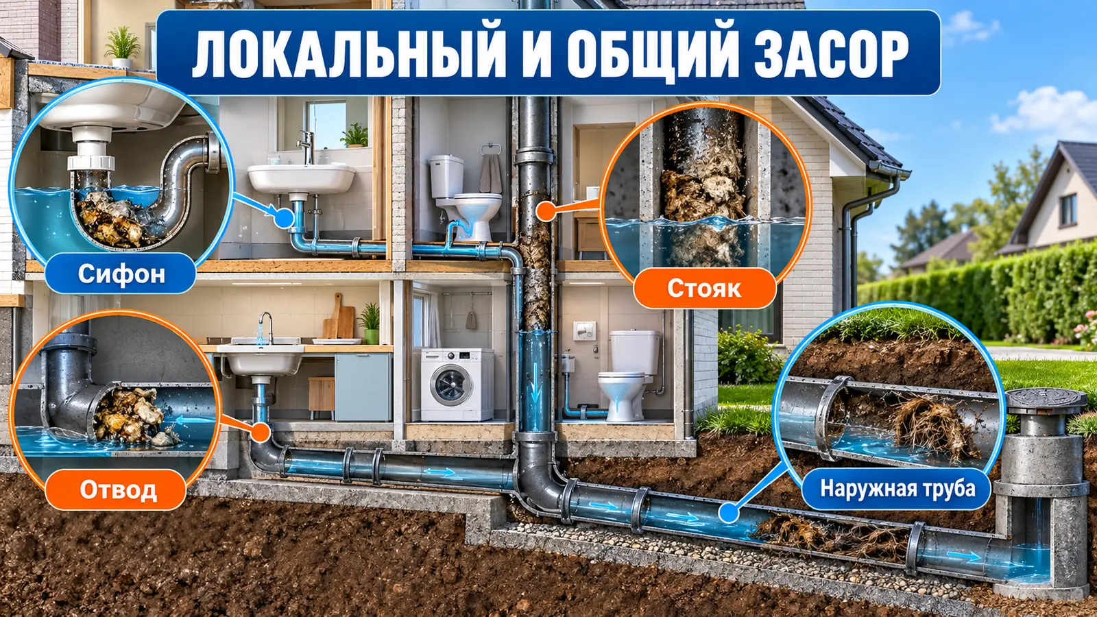Локальный засор сифона и отвода, общий засор стояка и наружной трубы