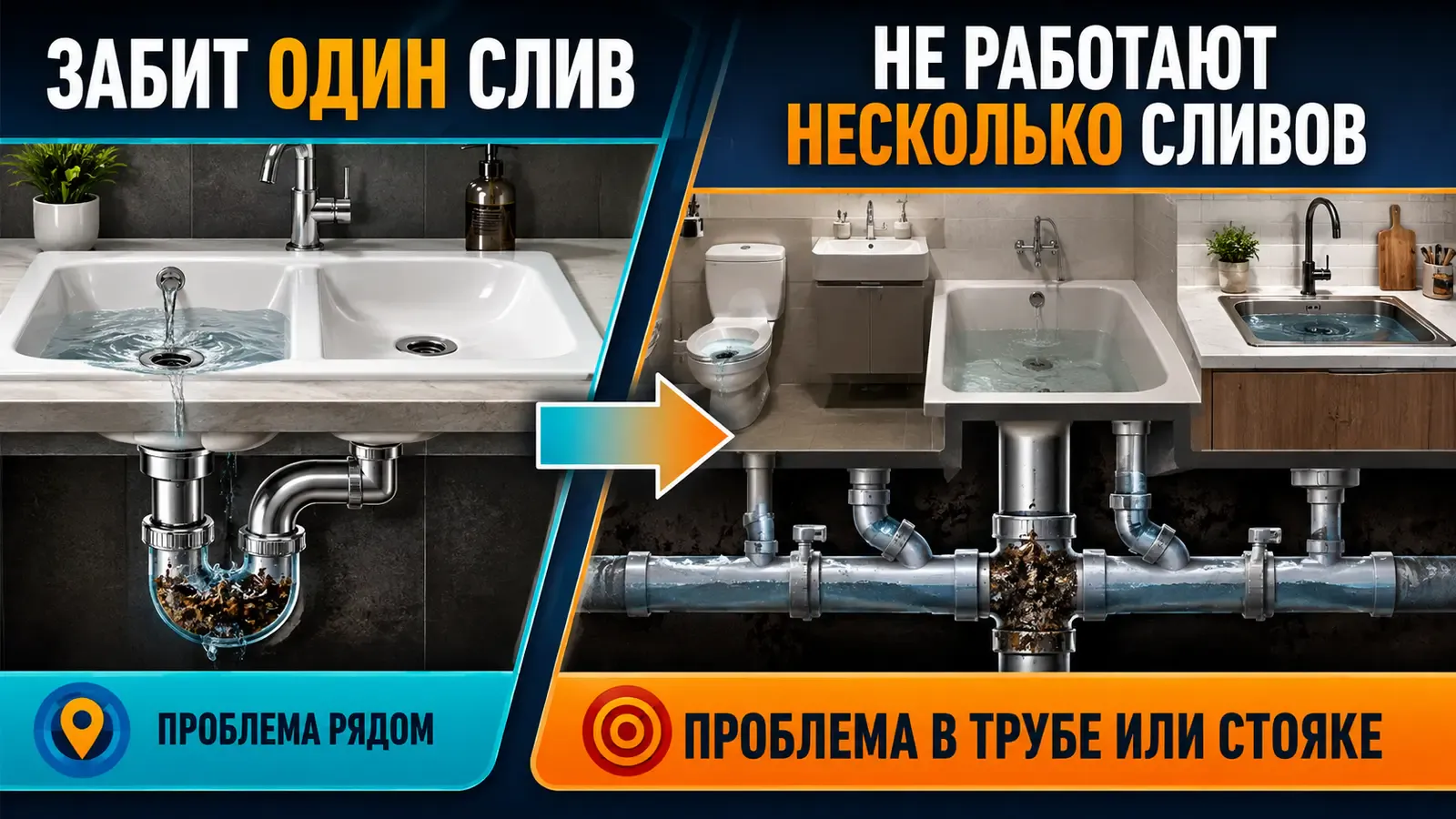 Отличия локального засора одного слива от засора общей трубы или стояка