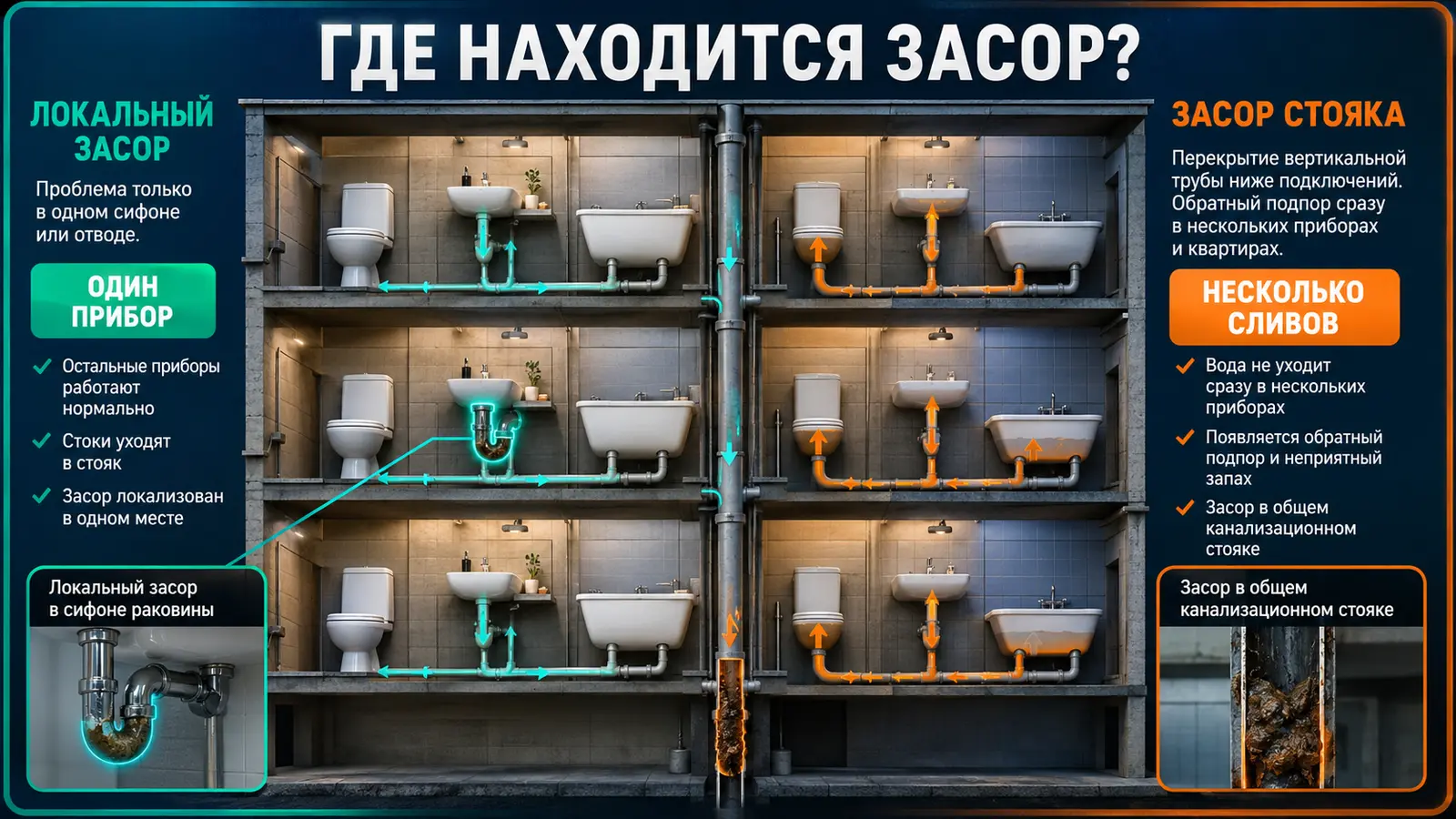 Сравнение локального засора и засора общего канализационного стояка