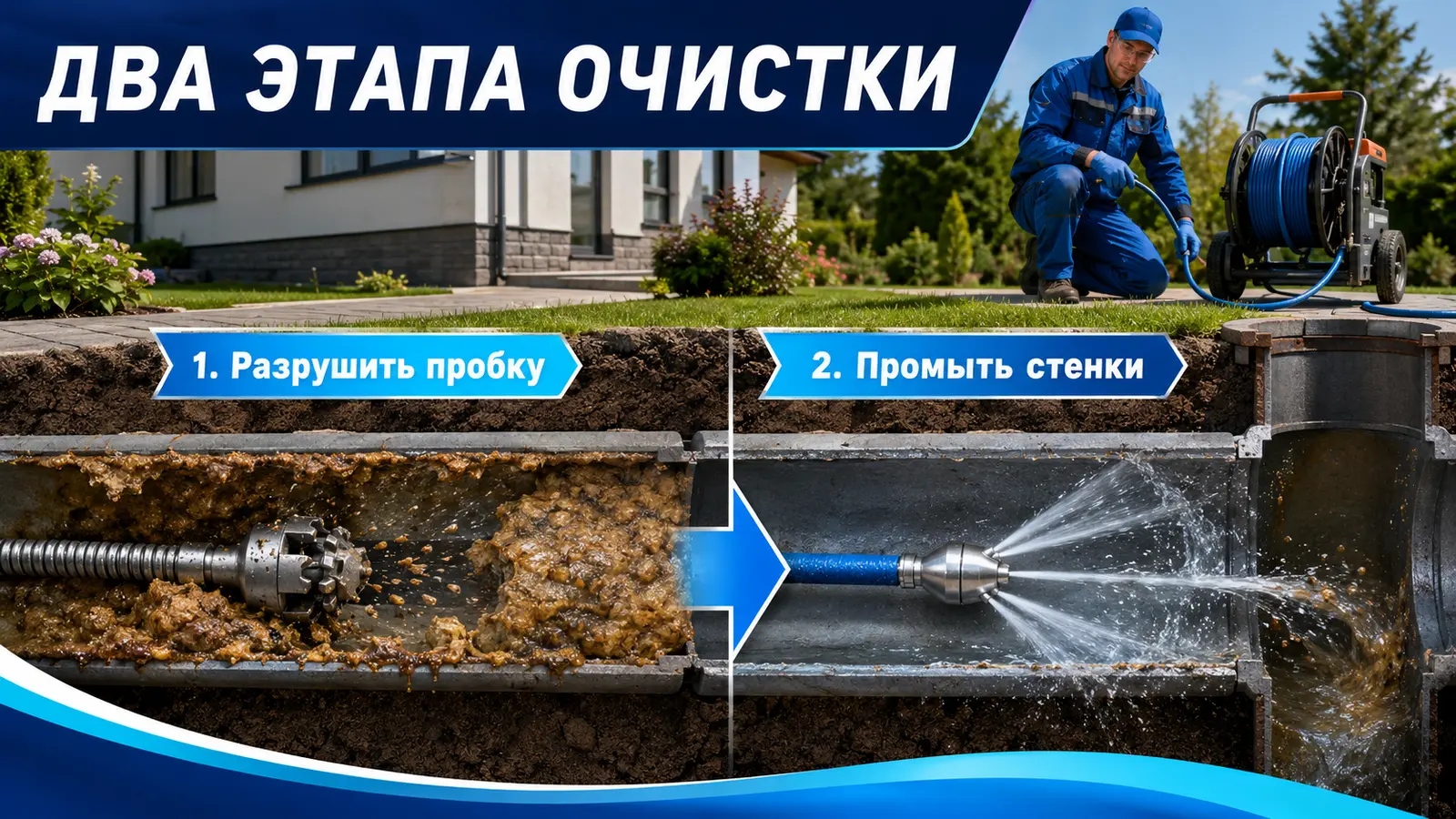 Механическая прочистка и гидродинамическая промывка канализации
