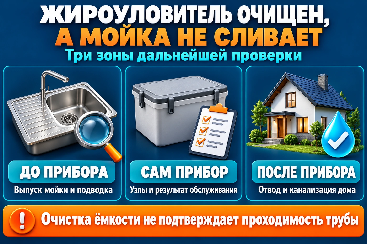 Зоны проверки плохого слива после очистки жироуловителя