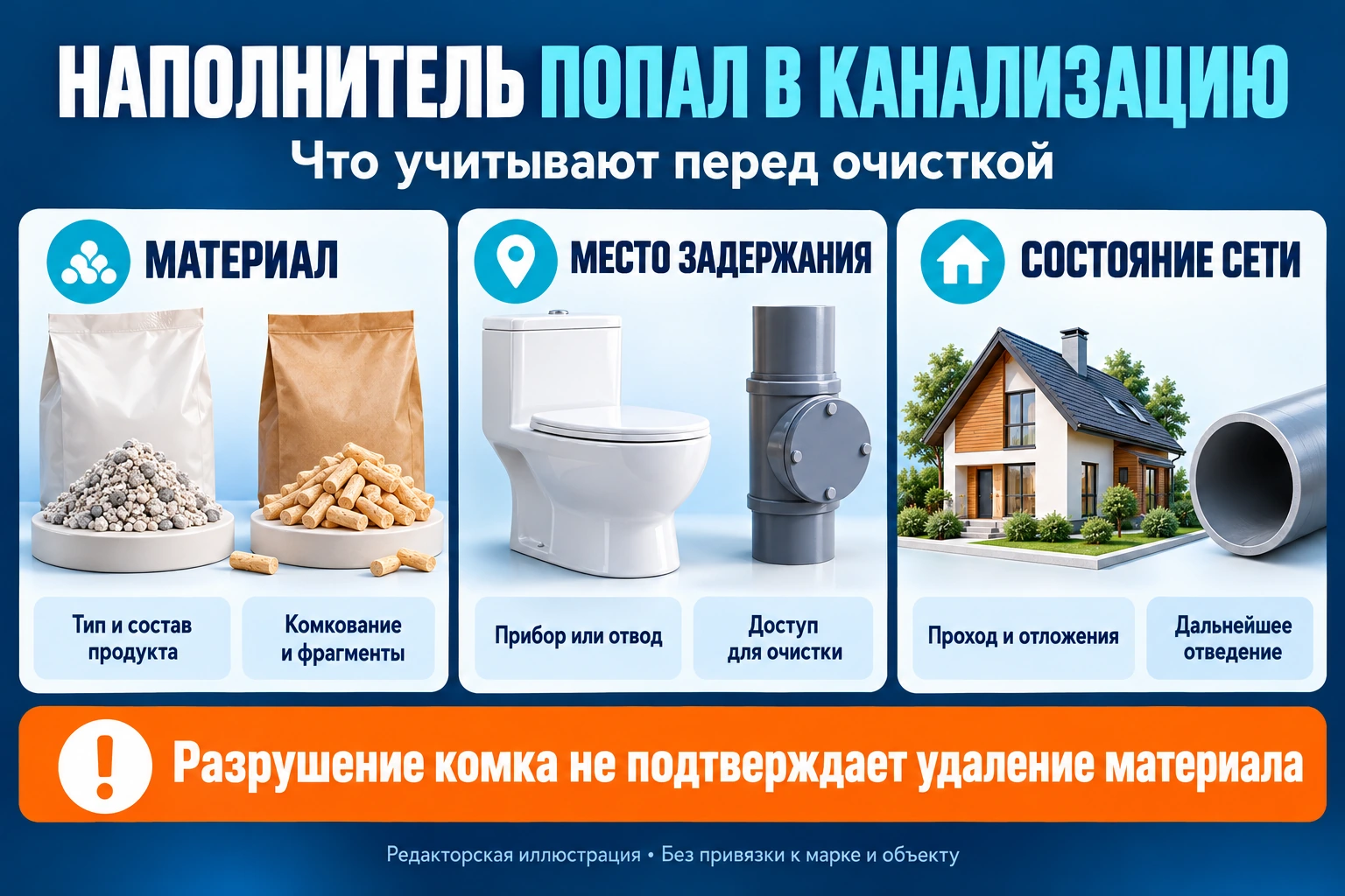 Инфографика выбора очистки после наполнителя: материал, место задержания и состояние канализации
