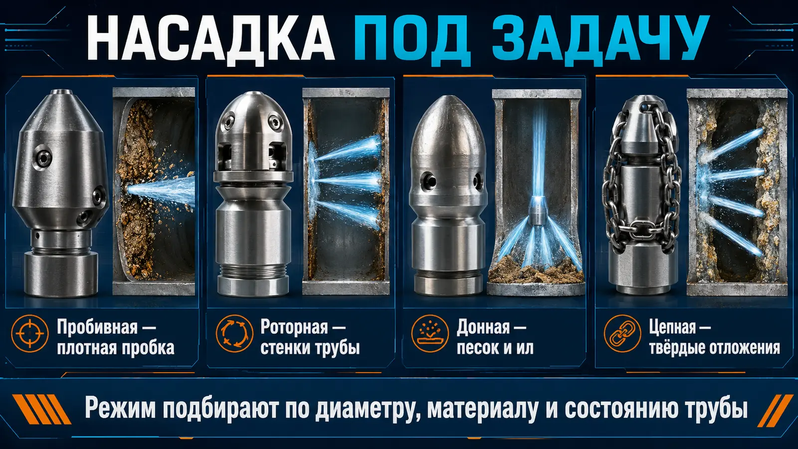 Пробивная, роторная, донная и цепная насадки для промывки канализации