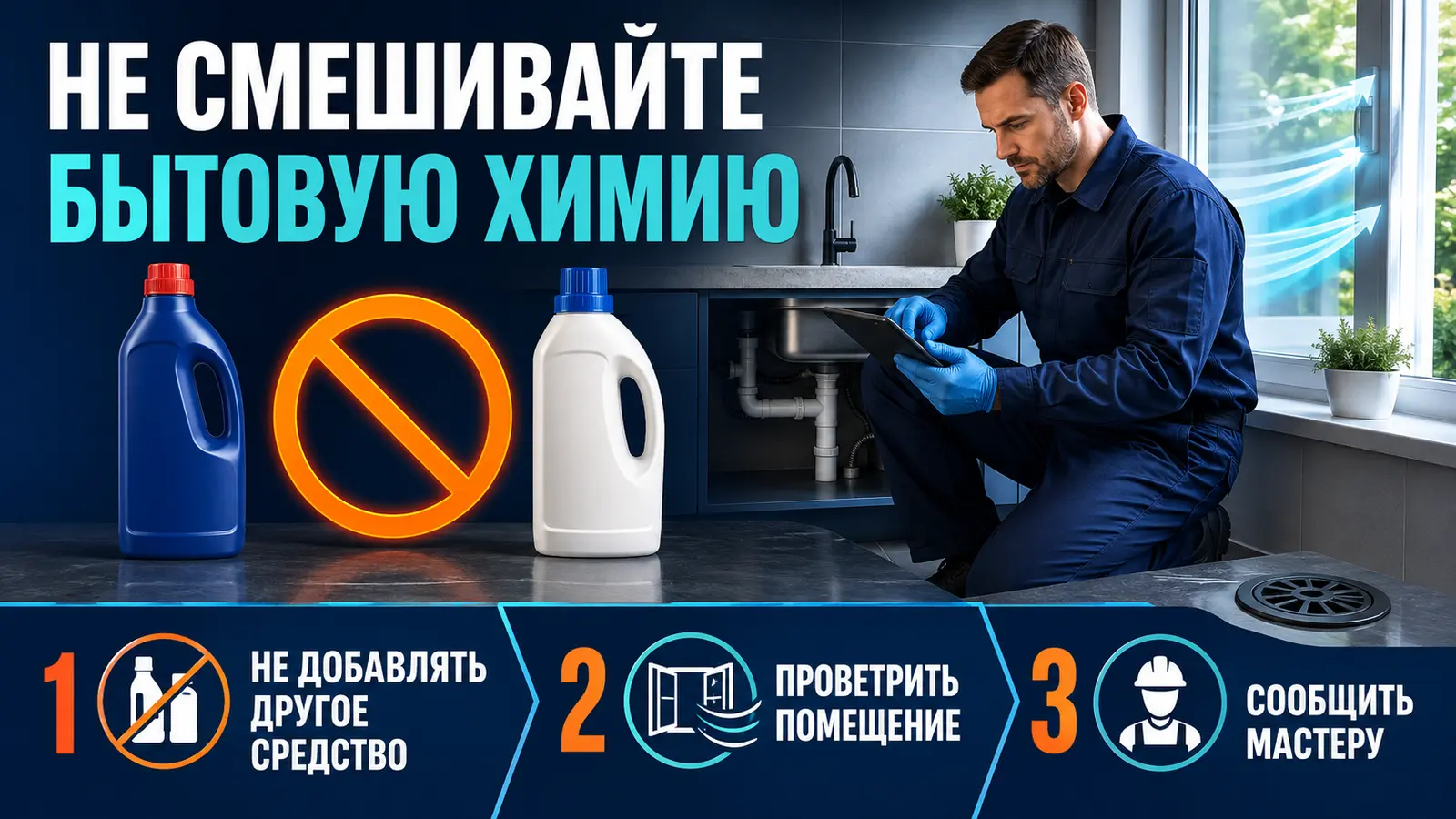 Запрет смешивания бытовой химии для прочистки канализации