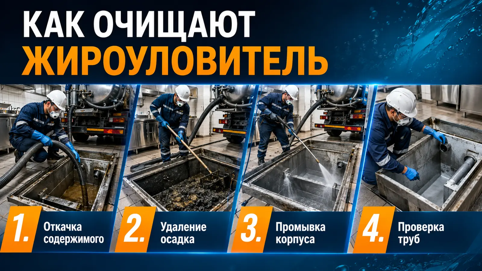 Этапы очистки жироуловителя: откачка, удаление осадка, промывка и проверка труб