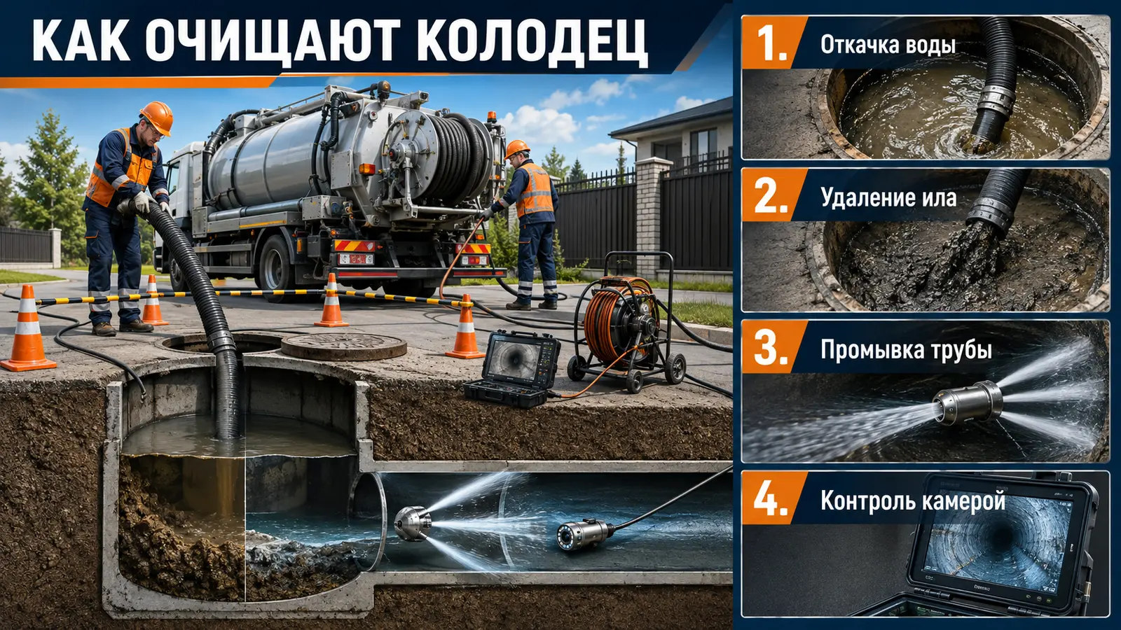 Откачка канализационного колодца илососом, промывка трубы и контроль камерой