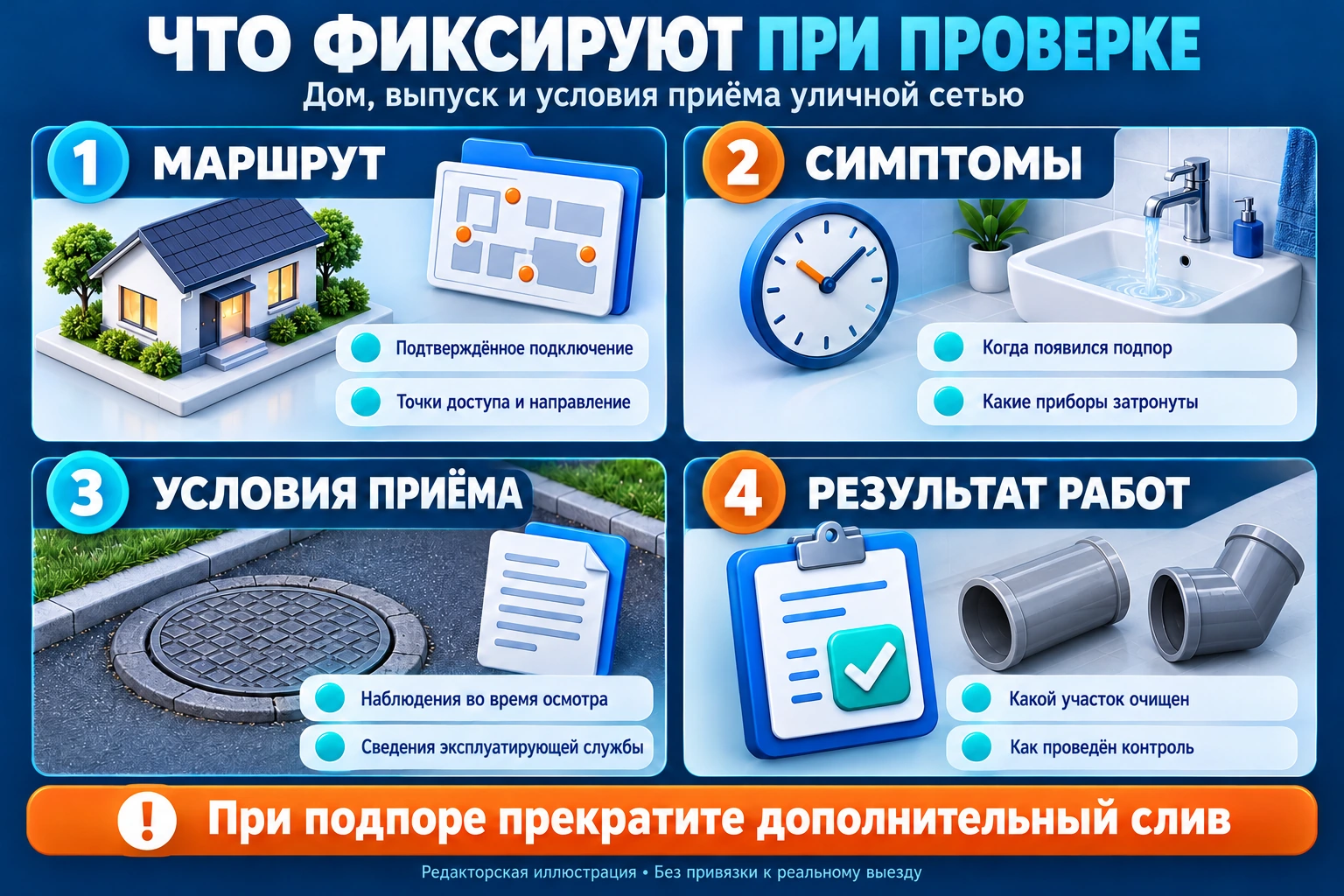 Инфографика фиксации маршрута, симптомов, условий приёма уличной сетью и результата прочистки