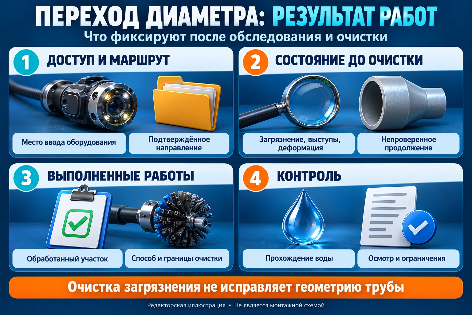 Инфографика записи результата: доступ и маршрут, состояние до очистки, выполненные работы и контроль