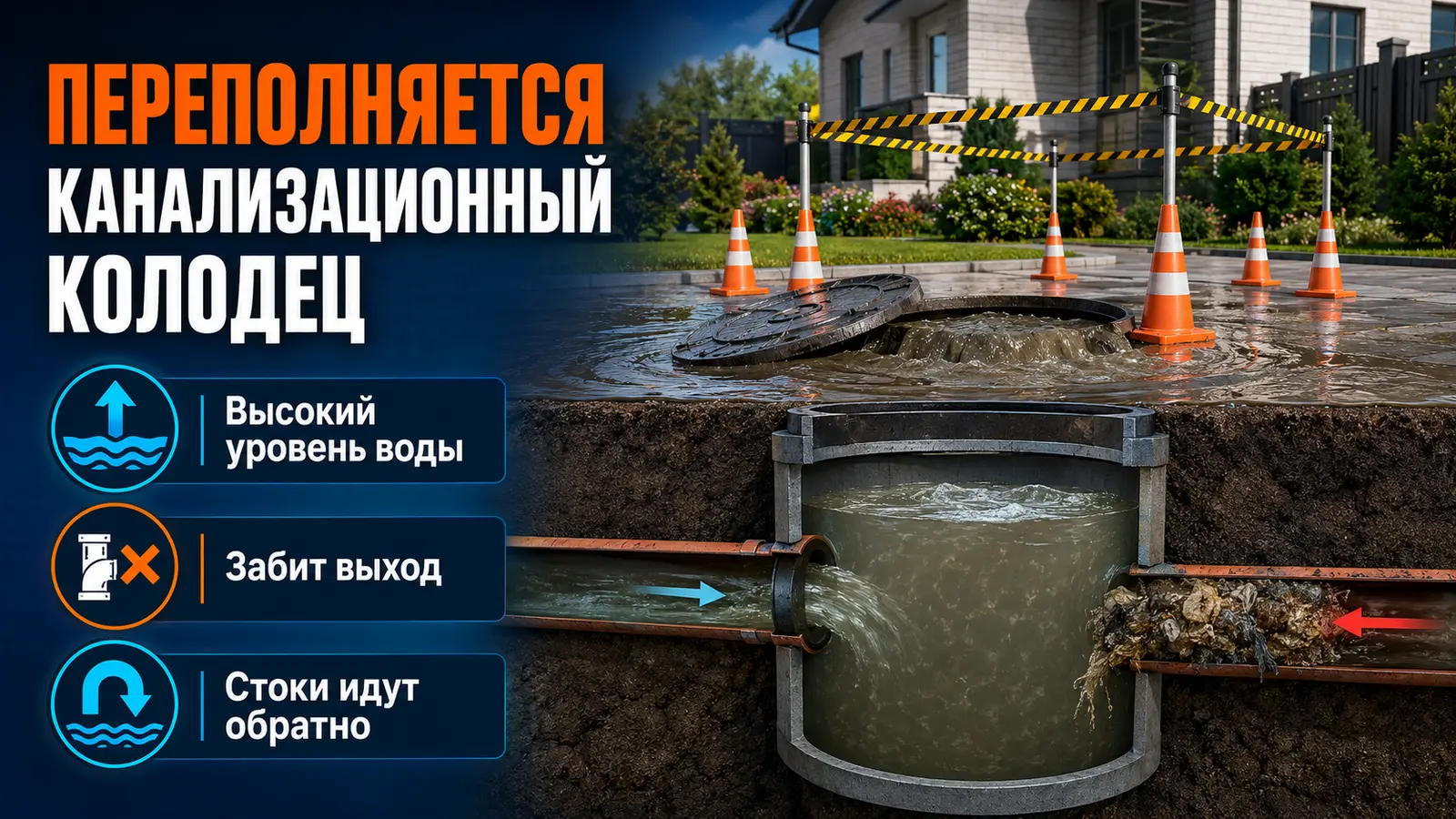 Переполненный канализационный колодец с засором выходной трубы