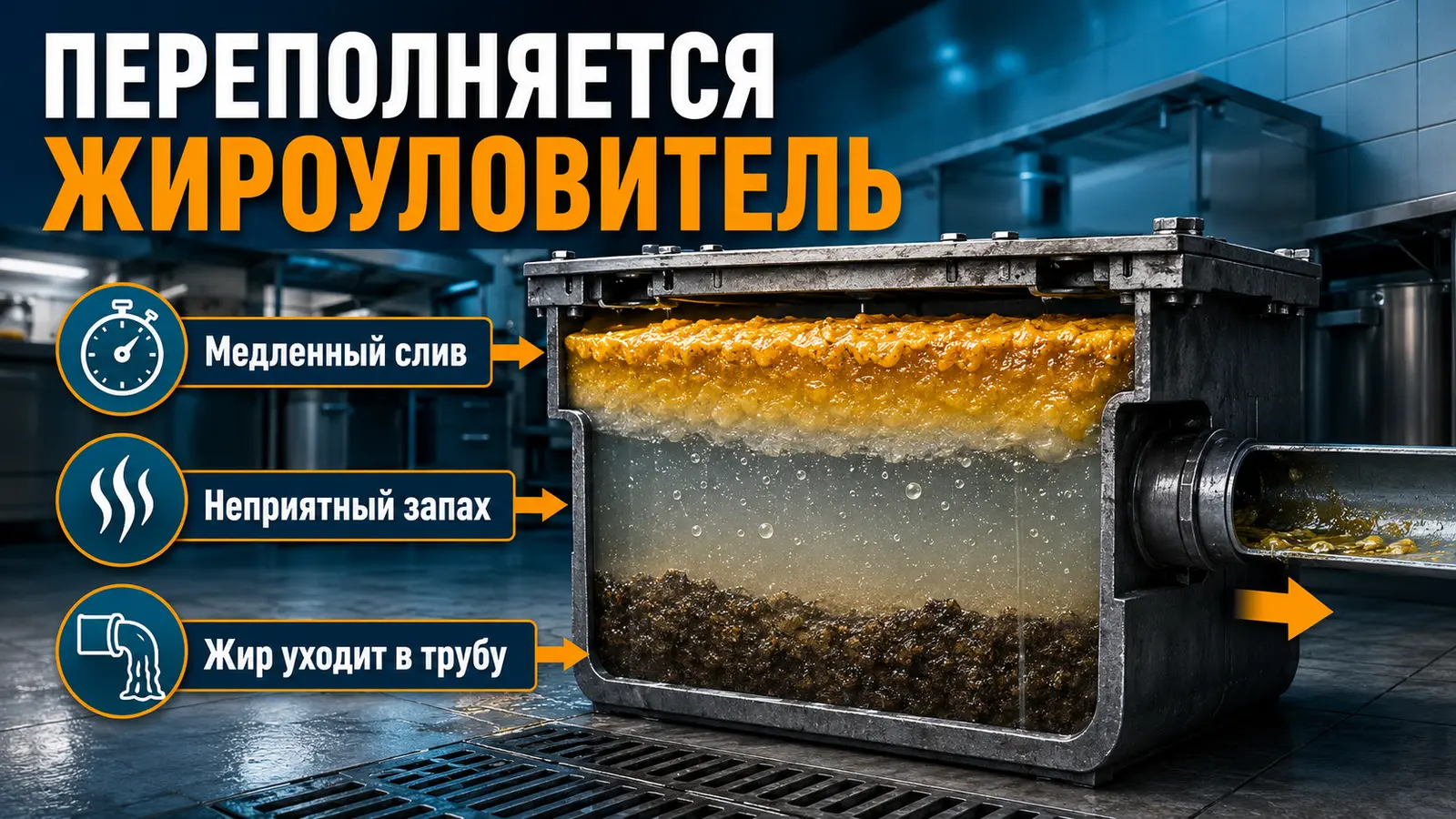 Переполненный жироуловитель ресторана с толстым слоем жира и осадком