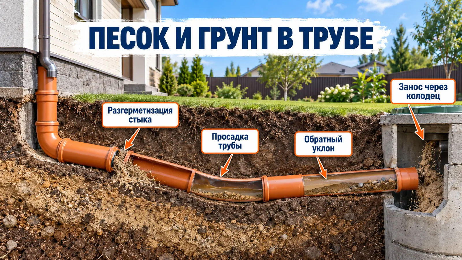 Песок и грунт в канализации частного дома