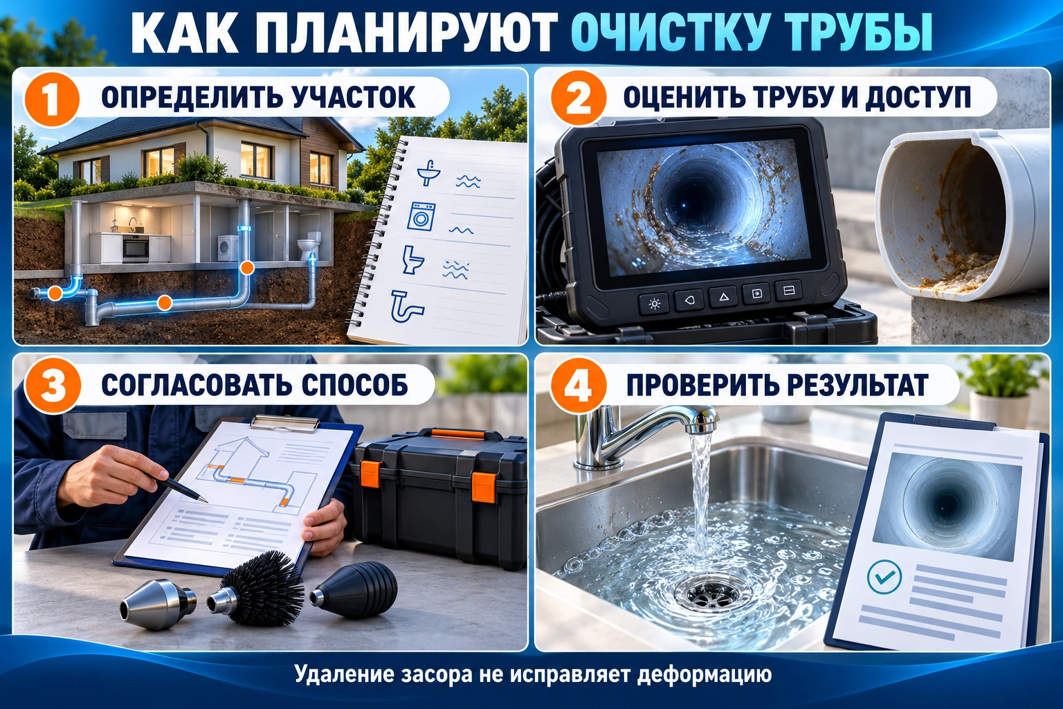 Инфографика планирования очистки пластиковой трубы: участок, состояние и доступ, способ работы и проверка результата