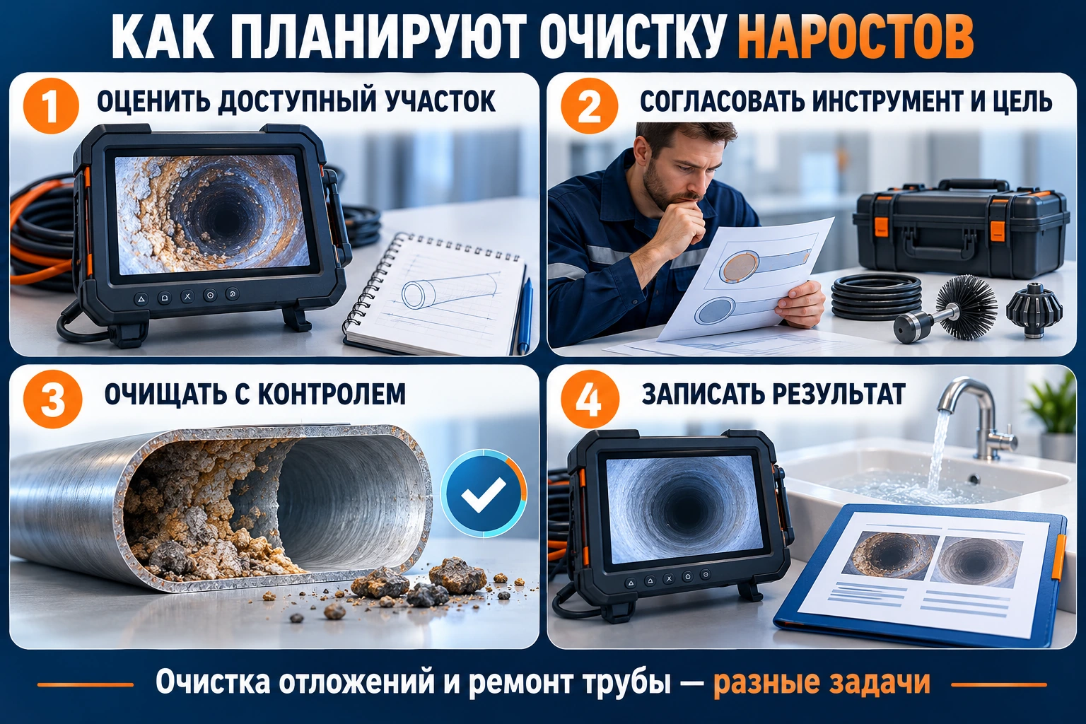 Инфографика планирования очистки наростов: оценка участка, выбор инструмента и цели, очистка с контролем и запись результата
