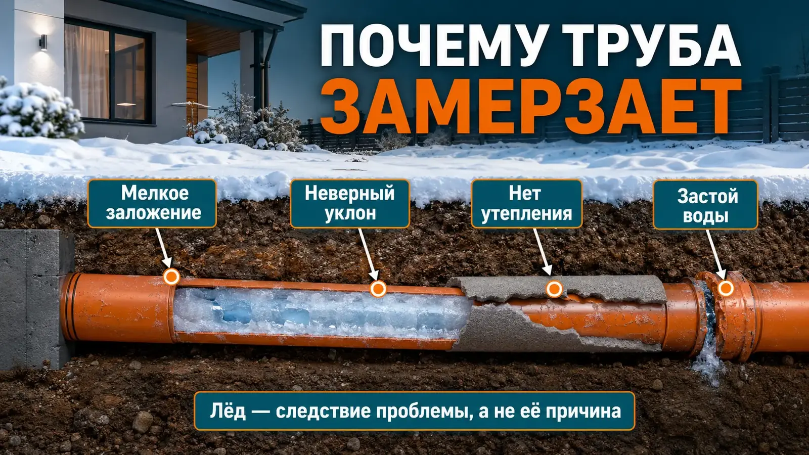 Причины замерзания канализационной трубы: уклон, глубина, утепление и застой воды