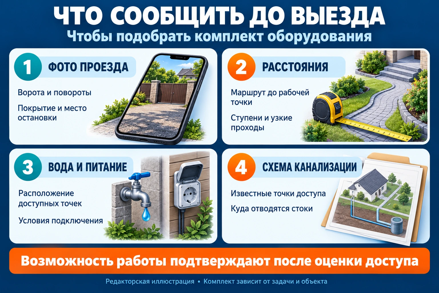 Инфографика сведений до выезда: фотографии проезда, расстояния, вода и питание, схема канализации