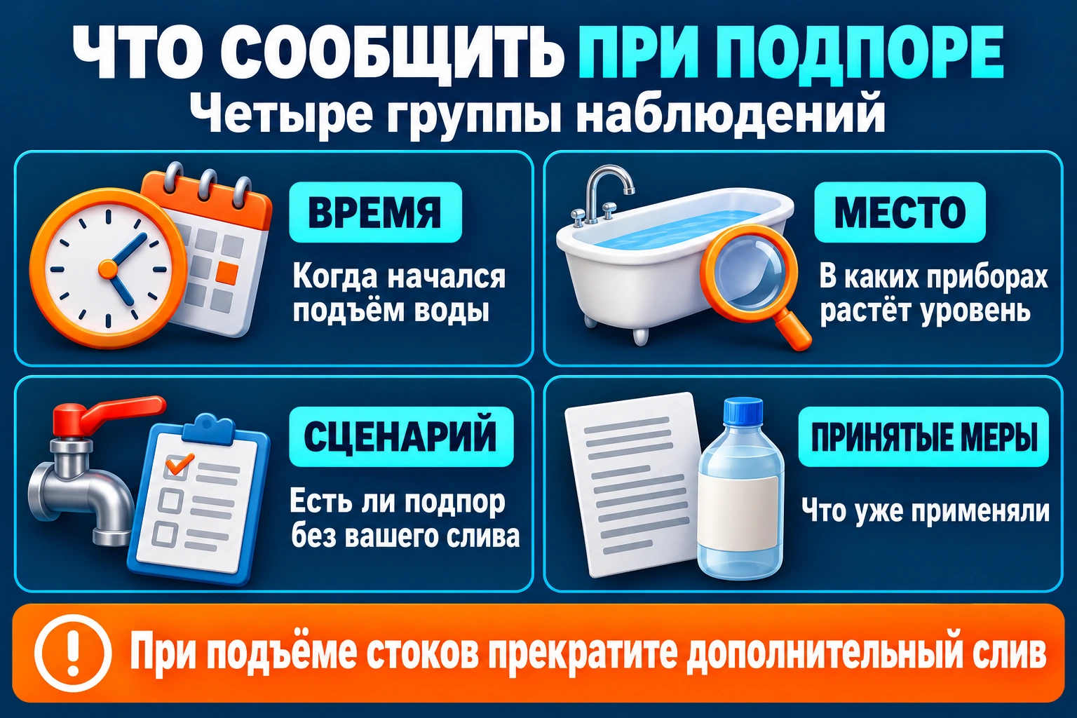 Сведения при подпоре в квартире: время, место, связь с пользованием водой и уже принятые меры
