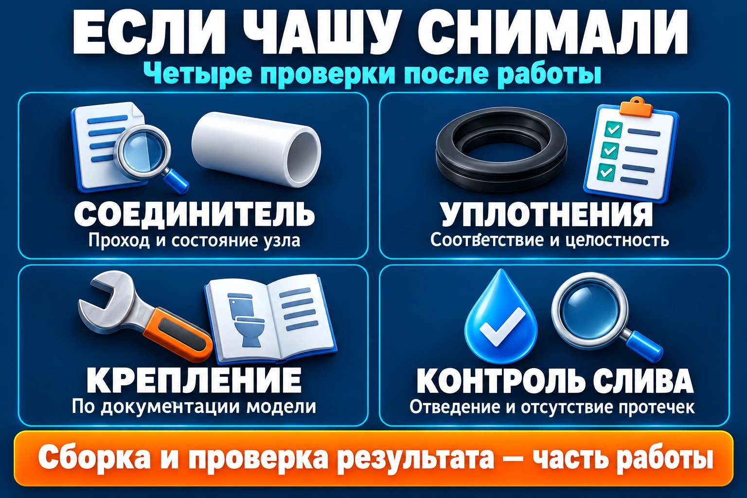 Проверки после снятия чаши подвесного унитаза: соединитель, уплотнения, крепление и контроль слива