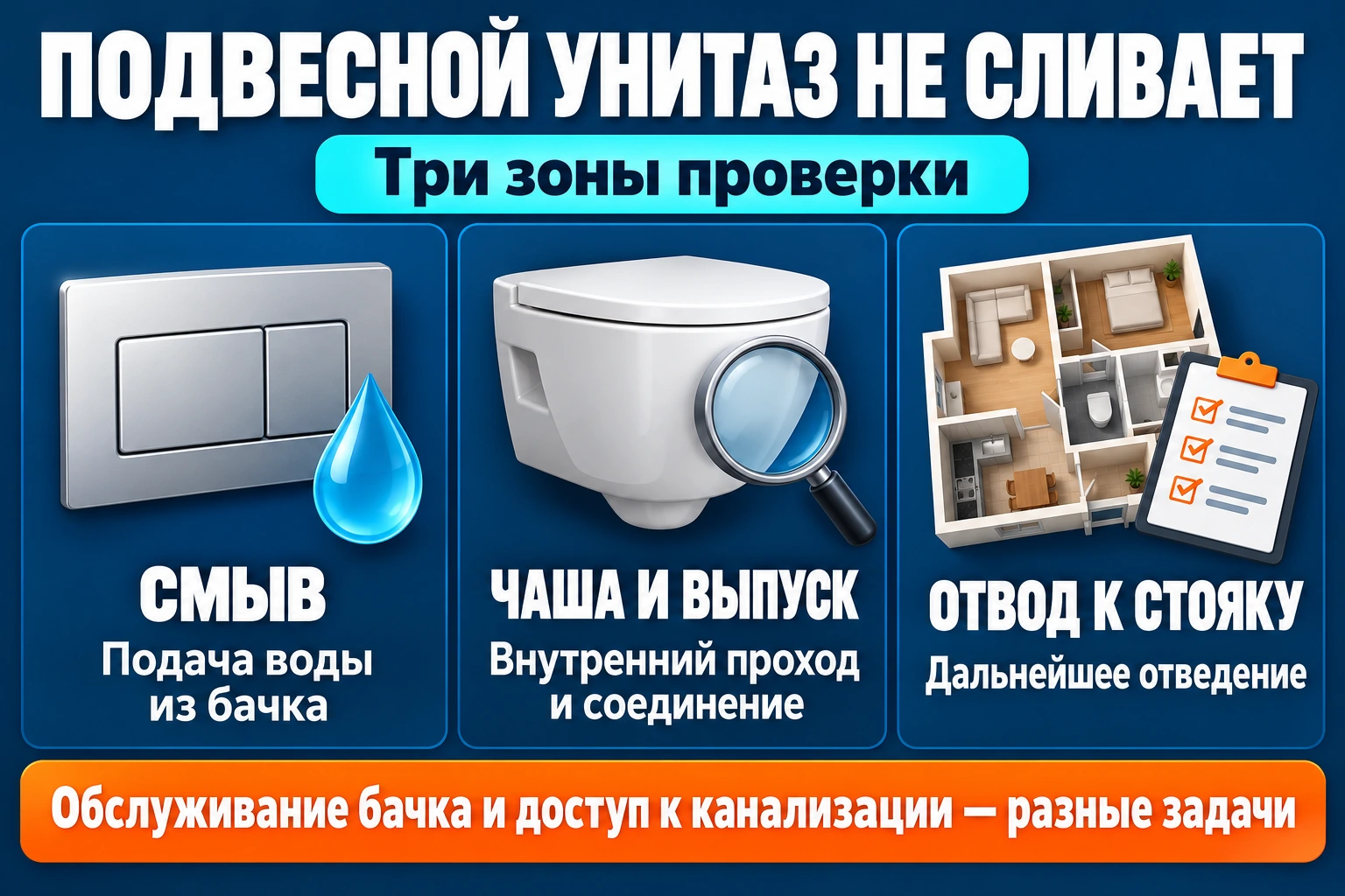 Зоны диагностики засора подвесного унитаза в квартире