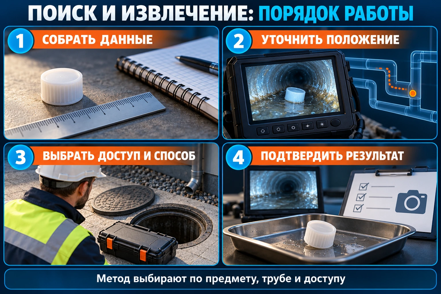 Инфографика поиска и извлечения предмета: сбор данных, уточнение положения, выбор доступа и подтверждение результата