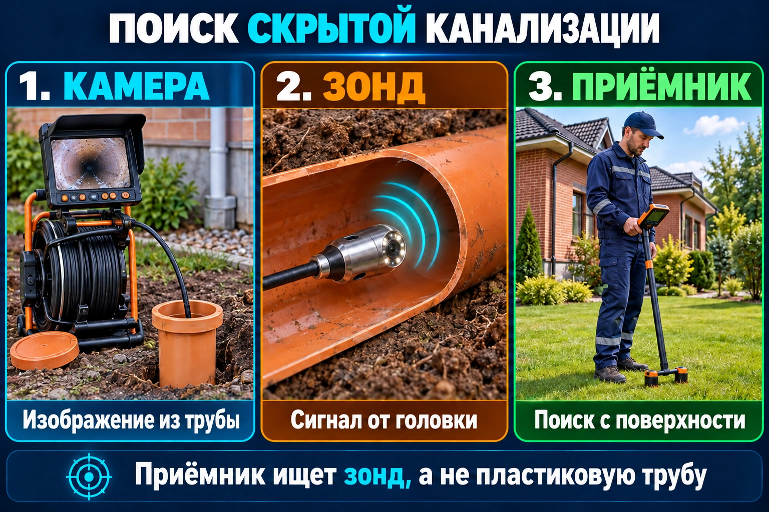 Инфографика поиска скрытой канализации с помощью камеры, зонда и приёмника