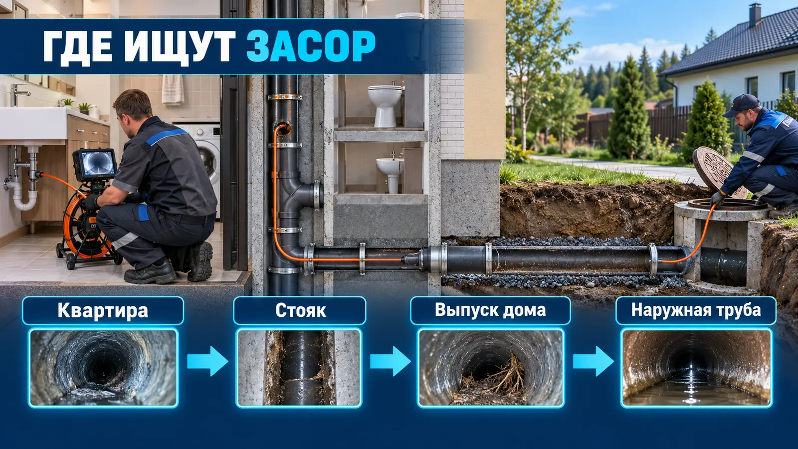 Поиск аварийного засора в канализации квартиры, стояка, выпуска и наружной трубы