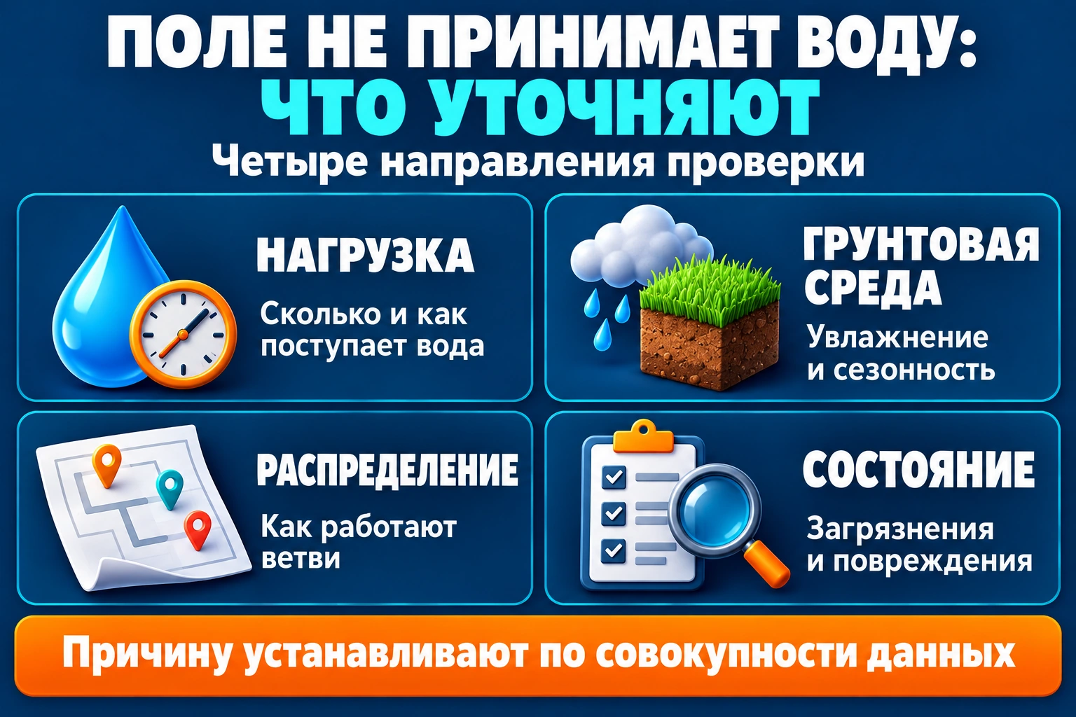 Направления проверки поля фильтрации: нагрузка, грунтовая среда, распределение и состояние системы