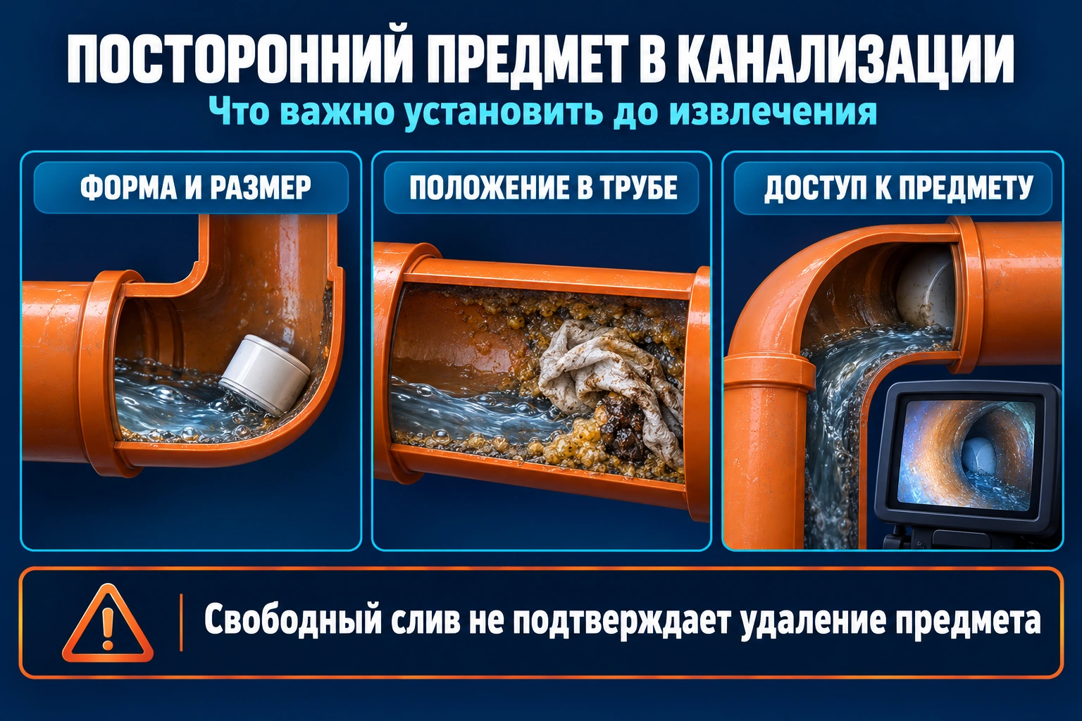 Инфографика поиска постороннего предмета в канализации: форма, положение и доступ