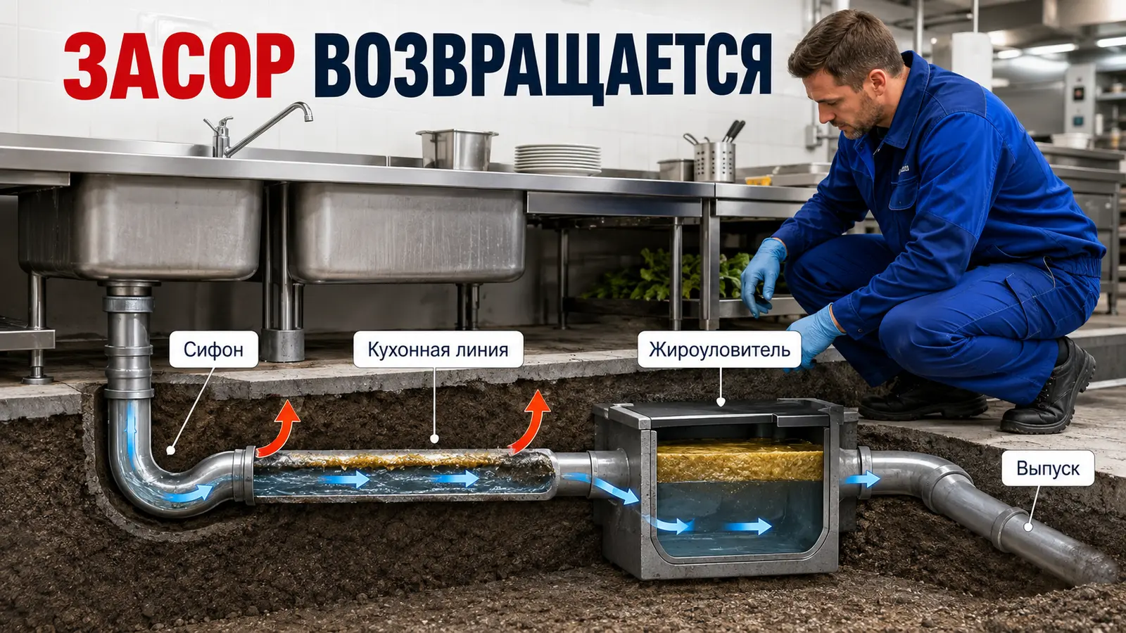 Повторный засор канализации на кухне ресторана