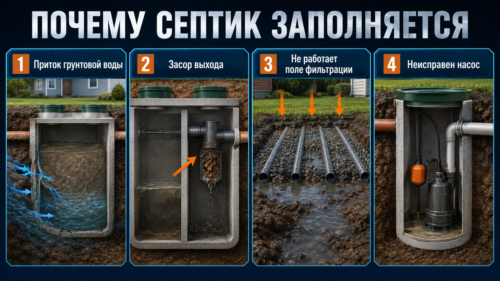 Причины быстрого наполнения септика: грунтовая вода, засор выхода, поле фильтрации и насос
