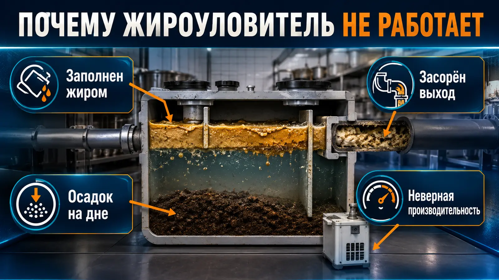 Причины переполнения жироуловителя: жир, осадок, засор выхода и недостаточная производительность