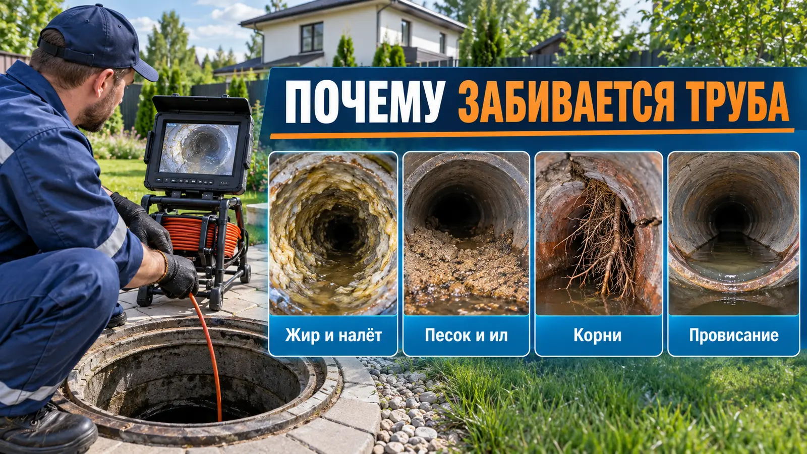 Причины засора наружной канализации: жир, песок, корни и провисание трубы