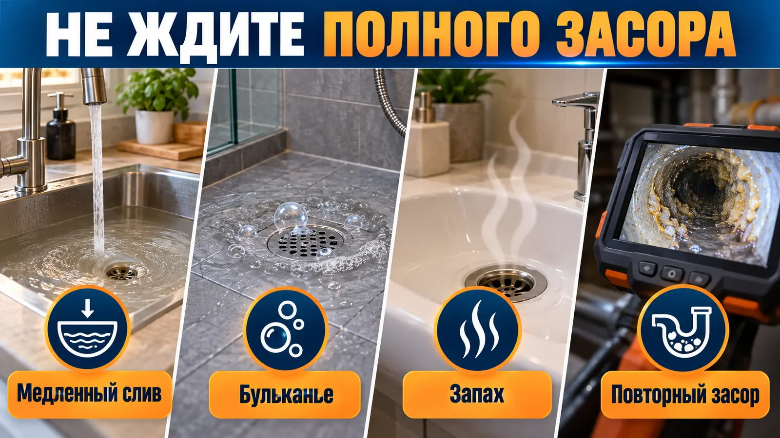 Медленный слив, бульканье, запах и повторный засор как признаки загрязнения труб