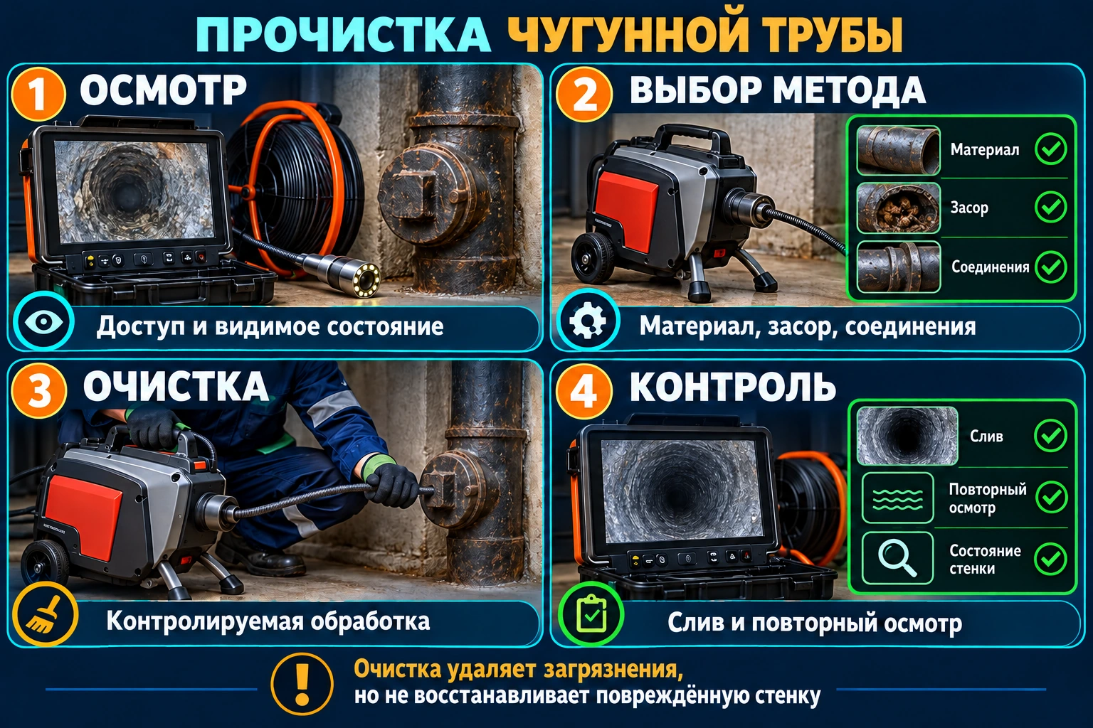 Инфографика: осмотр чугунной канализации, выбор метода, контролируемая очистка и повторная проверка слива