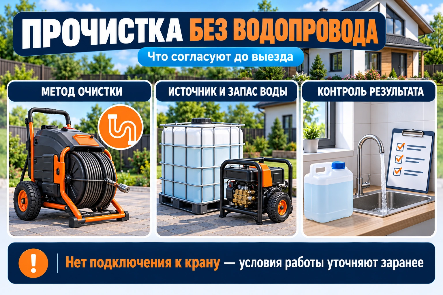 Инфографика подготовки прочистки без водопровода: метод, запас воды и контроль результата