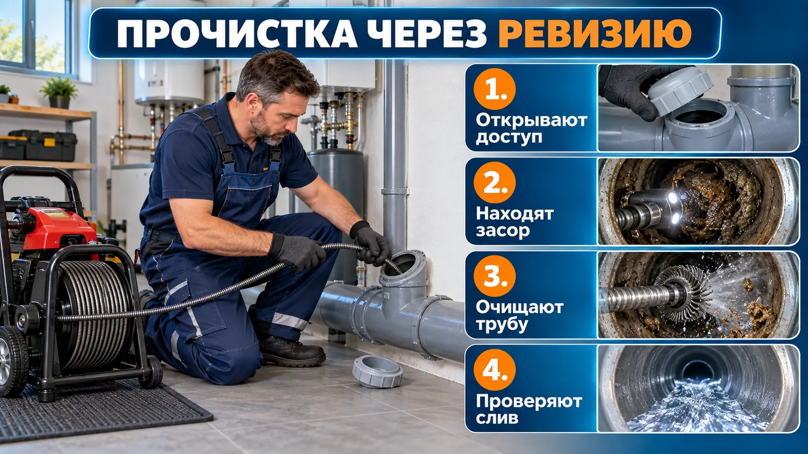 Профессиональная прочистка канализации через ревизию
