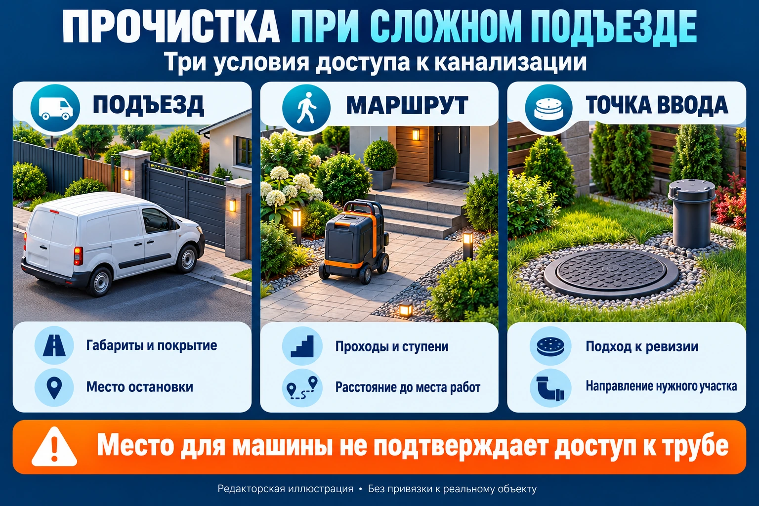 Инфографика условий прочистки при сложном подъезде: машина, маршрут оборудования и доступ к трубе