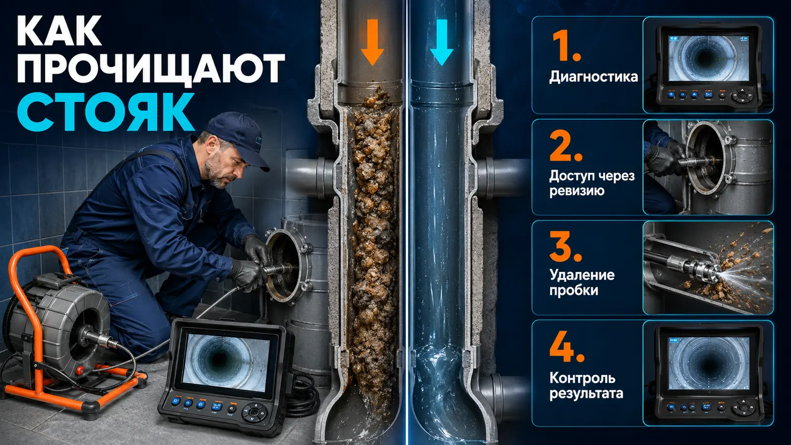 Профессиональная электромеханическая прочистка канализационного стояка через ревизию