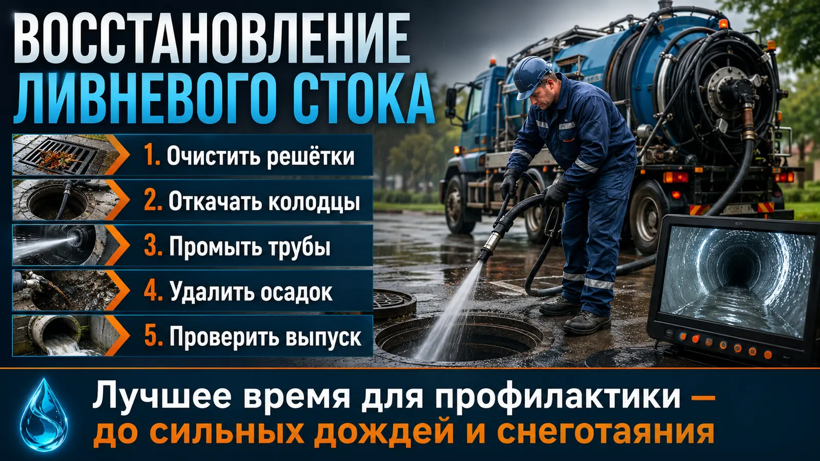 Откачка колодцев и гидродинамическая прочистка ливневой канализации