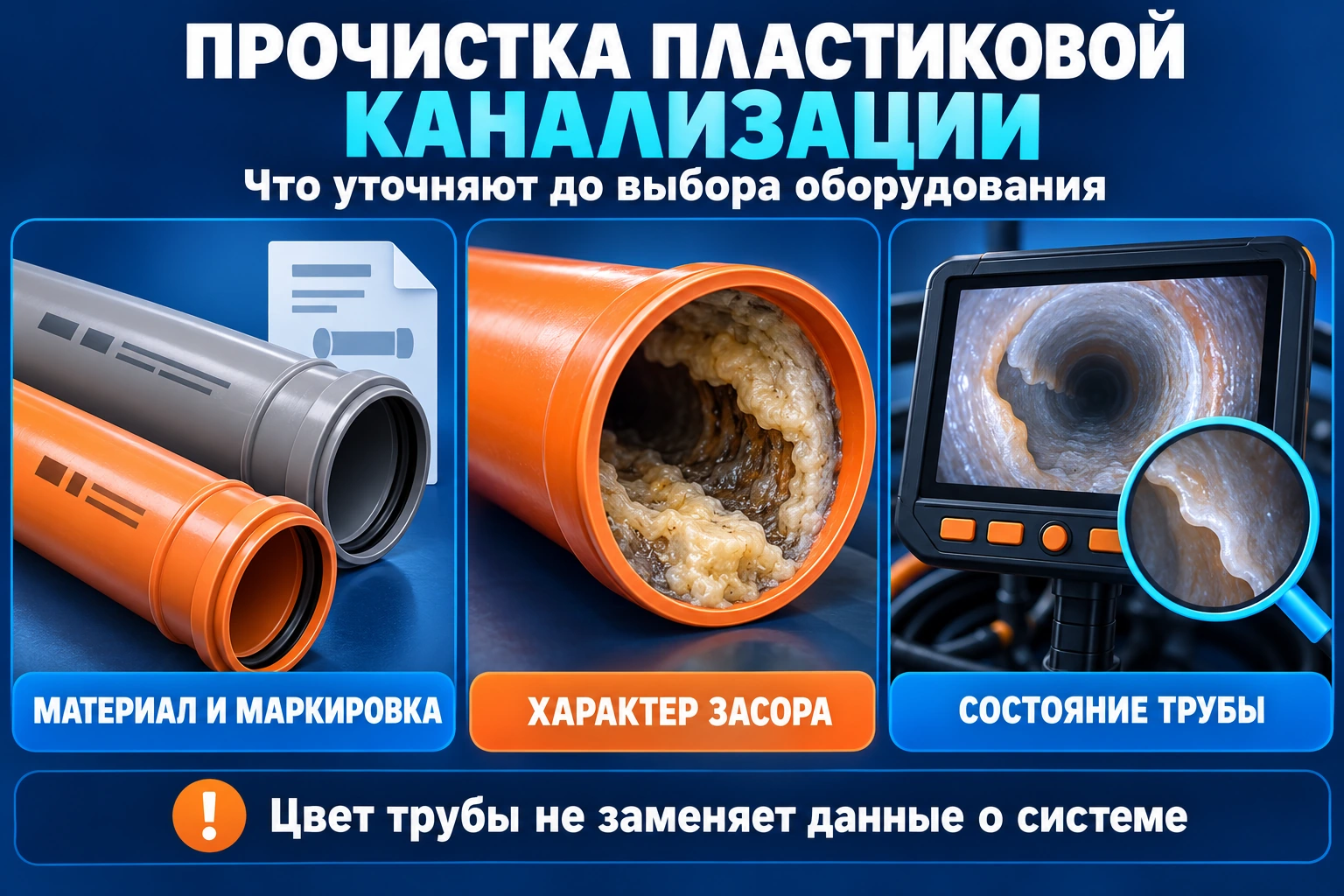 Инфографика подготовки прочистки пластиковой канализации: материал, засор и состояние трубы