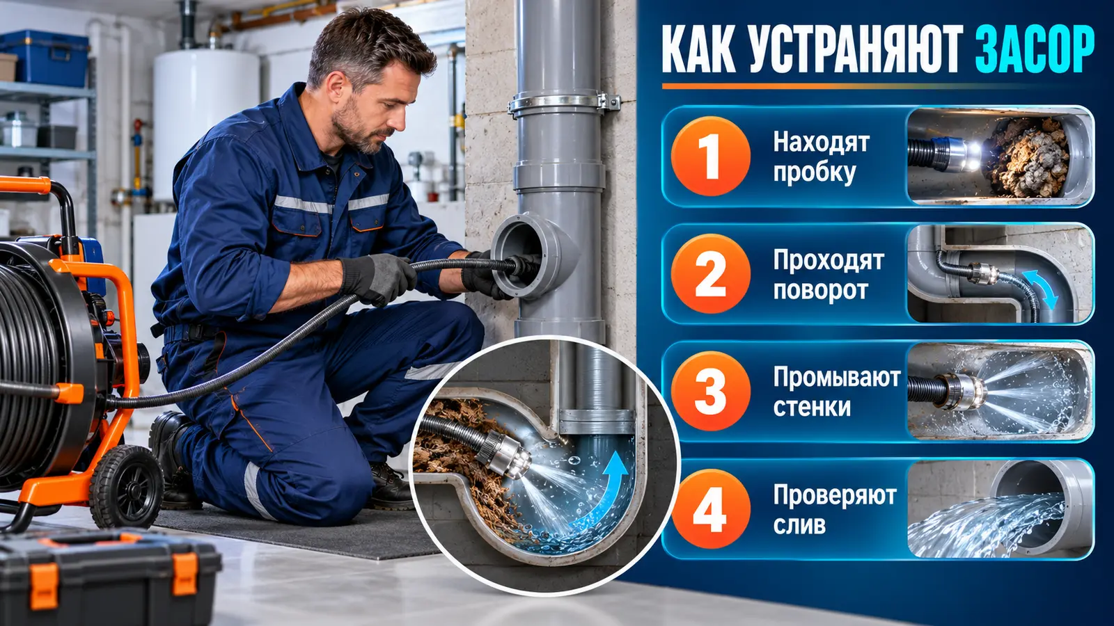 Профессиональная прочистка поворота канализационной трубы