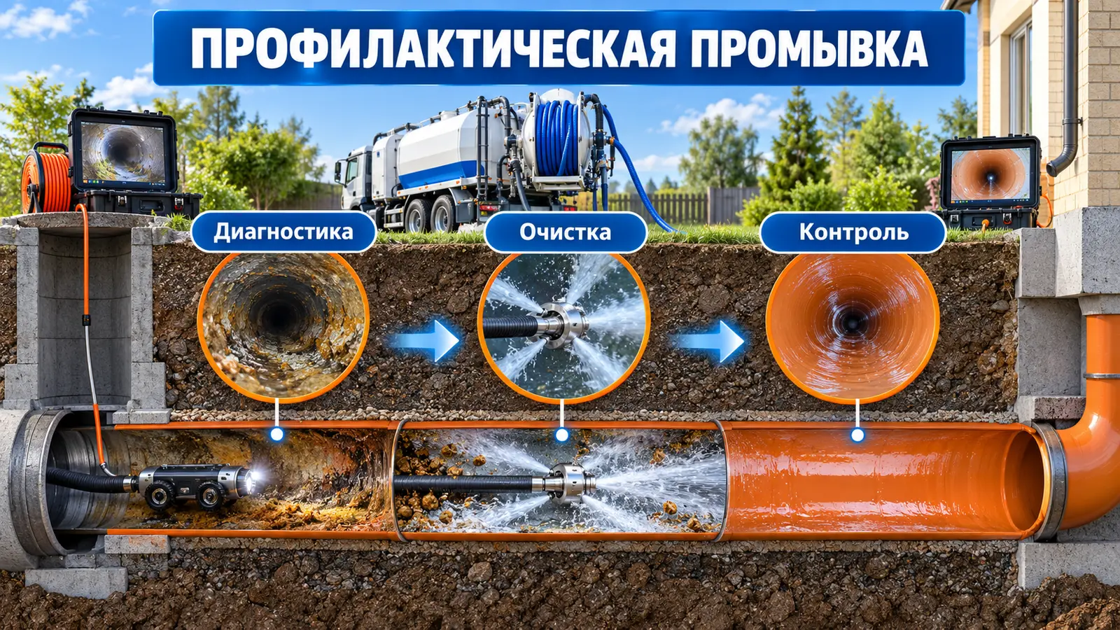 Профилактическая промывка канализации с диагностикой, очисткой и контролем