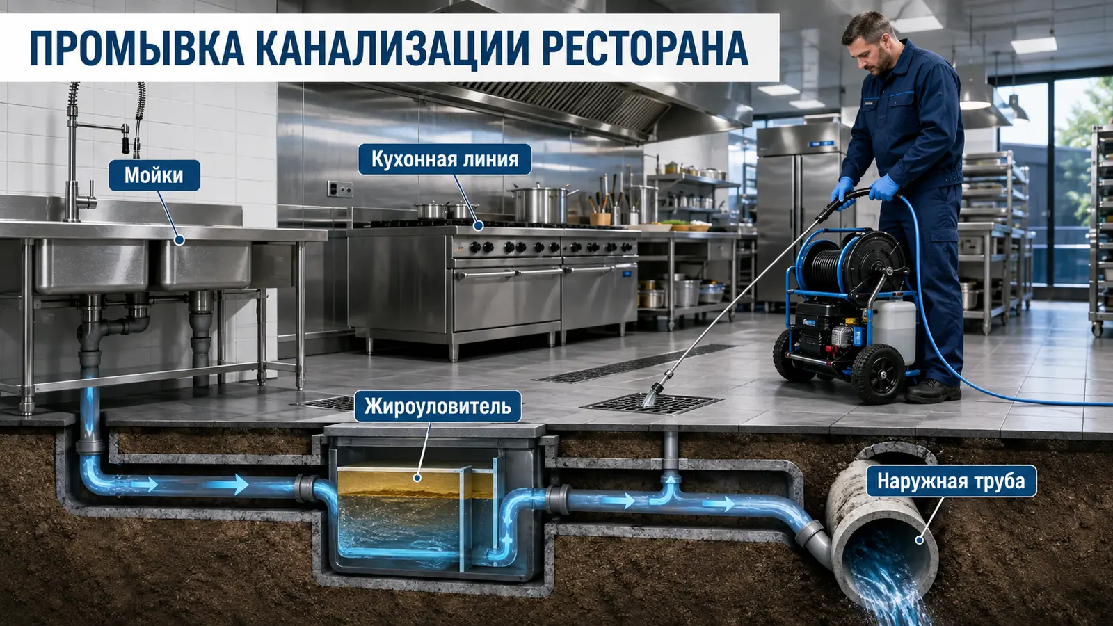 Профилактическая промывка канализации ресторана