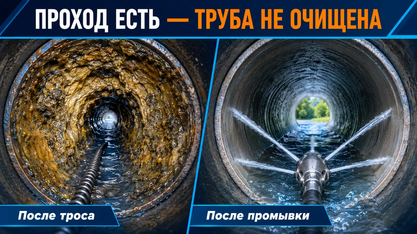 Разница между проходом после троса и полной очисткой канализационной трубы промывкой