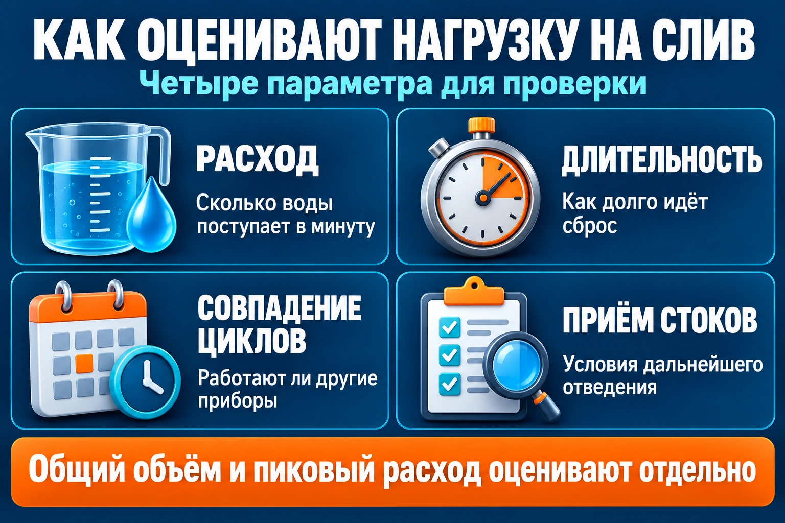 Четыре параметра оценки нагрузки на слив: расход, длительность, совпадение циклов и условия приёма стоков