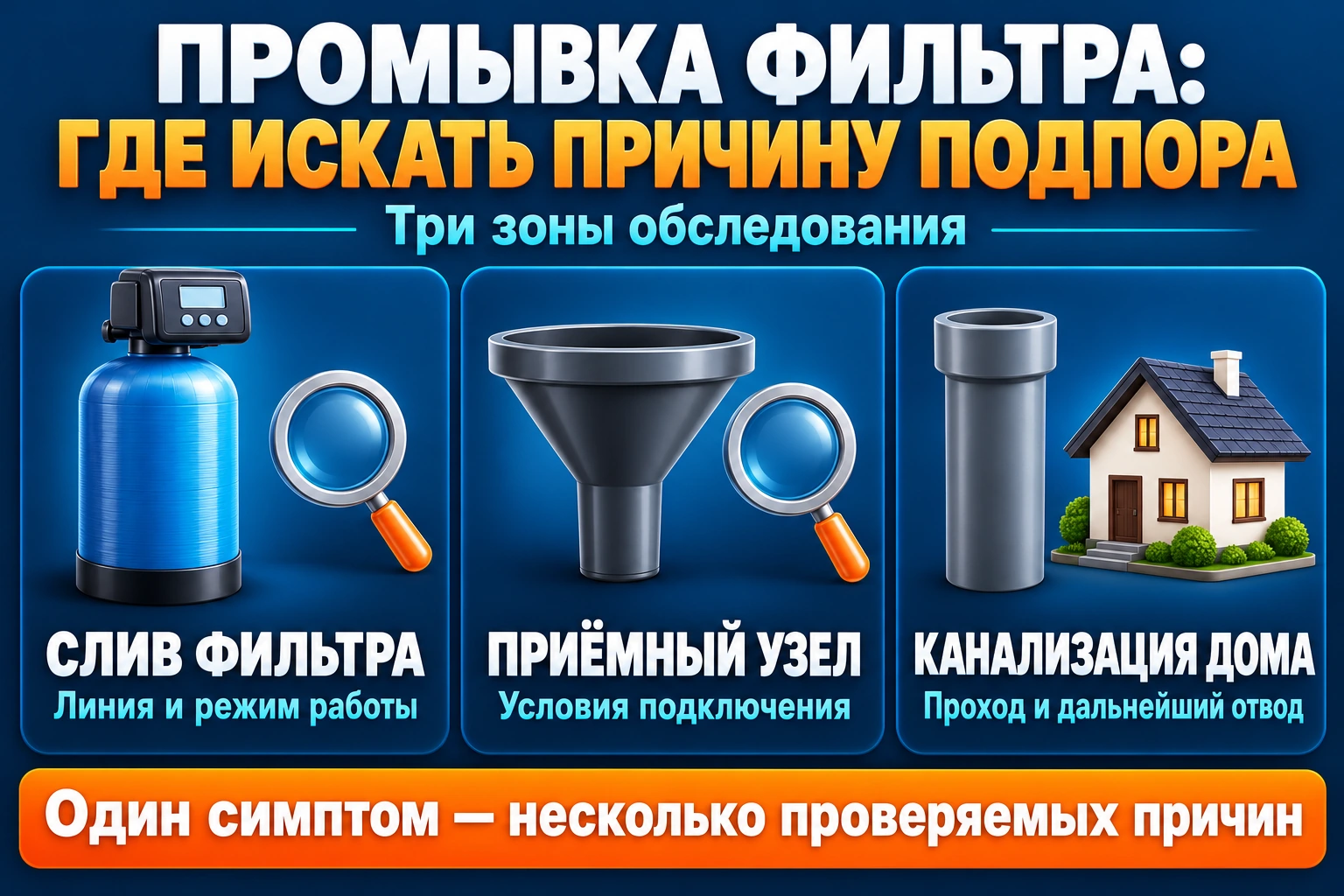 Инфографика зон проверки подпора при промывке фильтра
