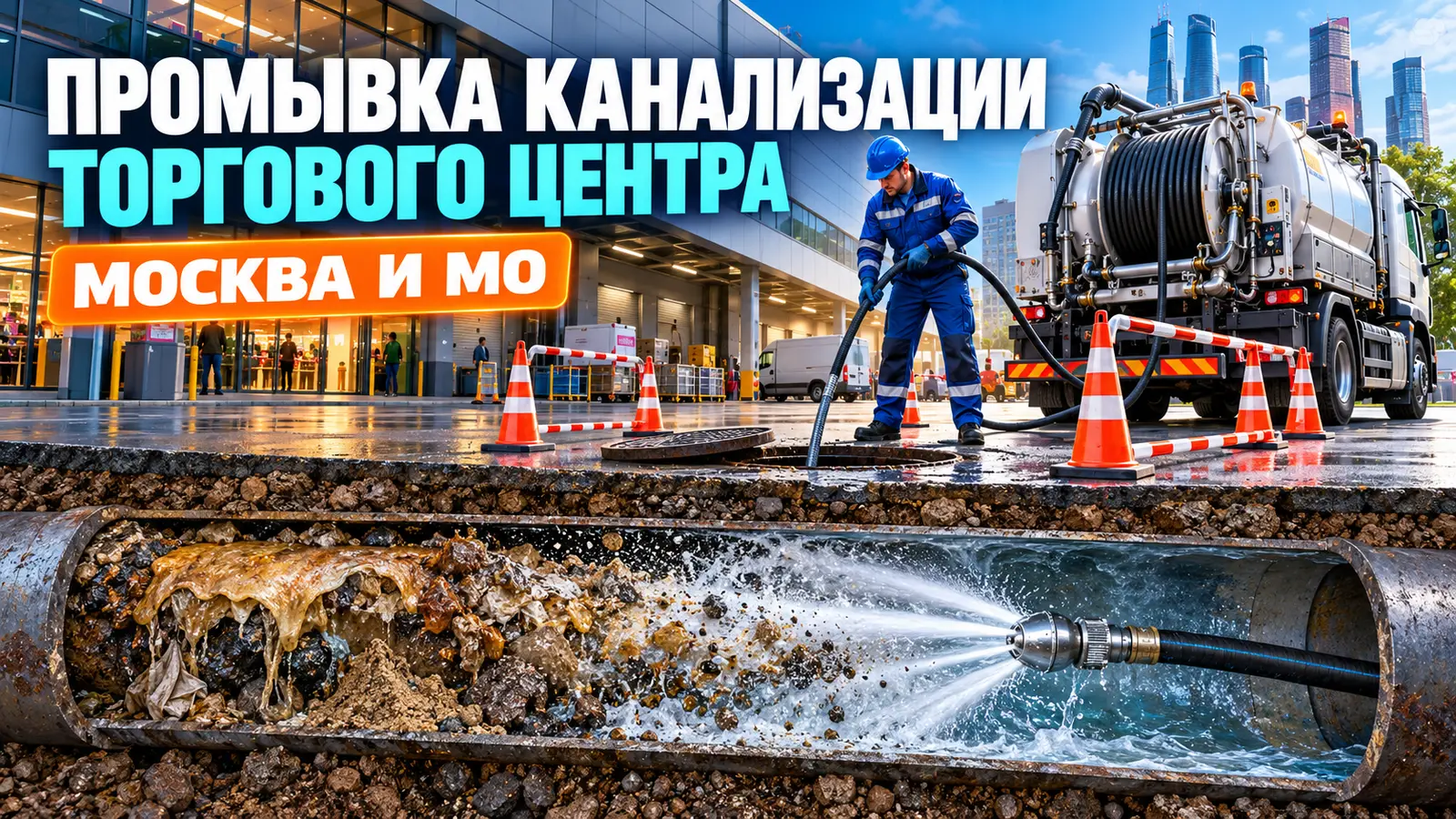 Промывка канализации торгового центра в Москве и Московской области