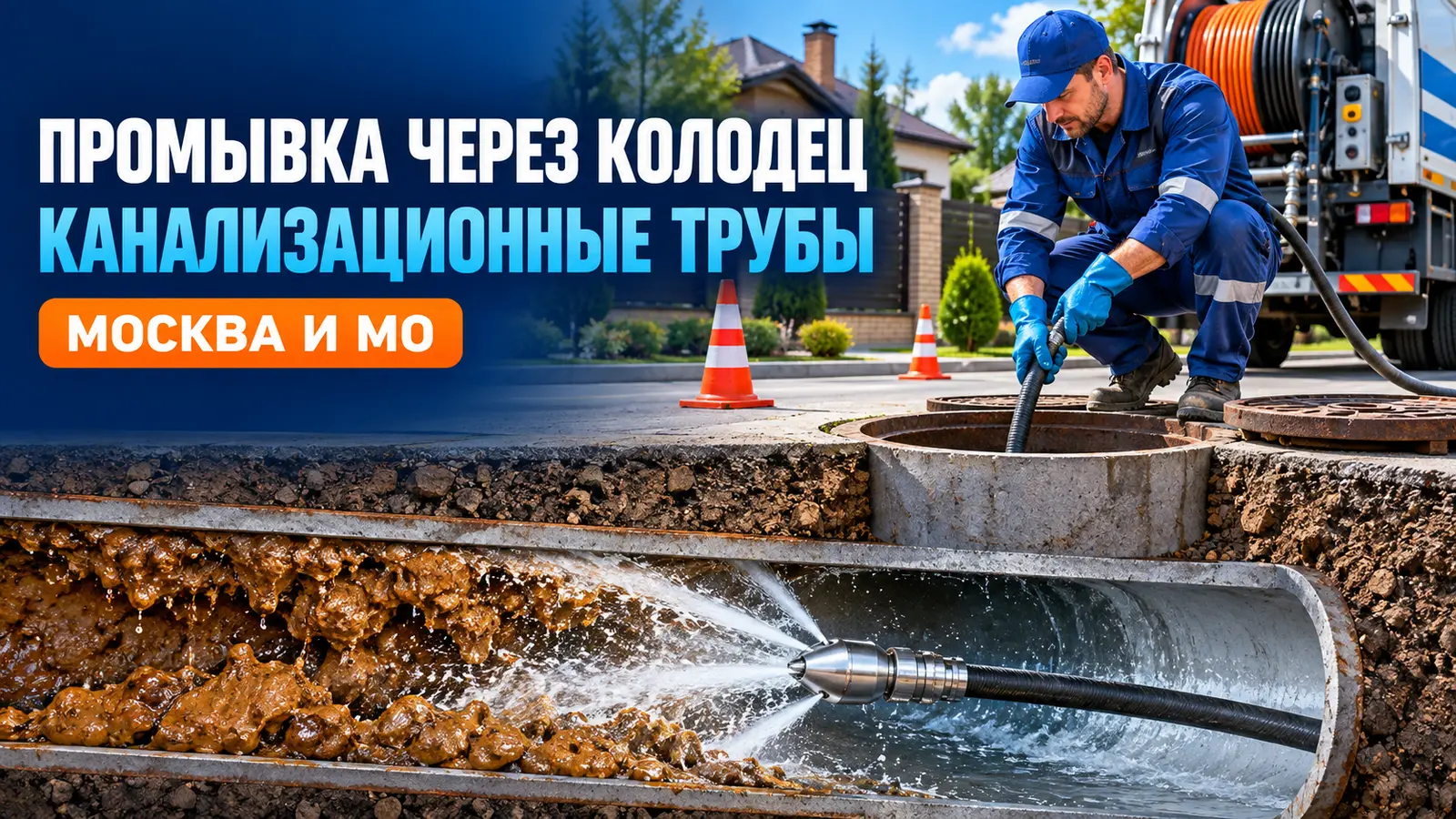 Промывка канализационных труб через смотровой колодец