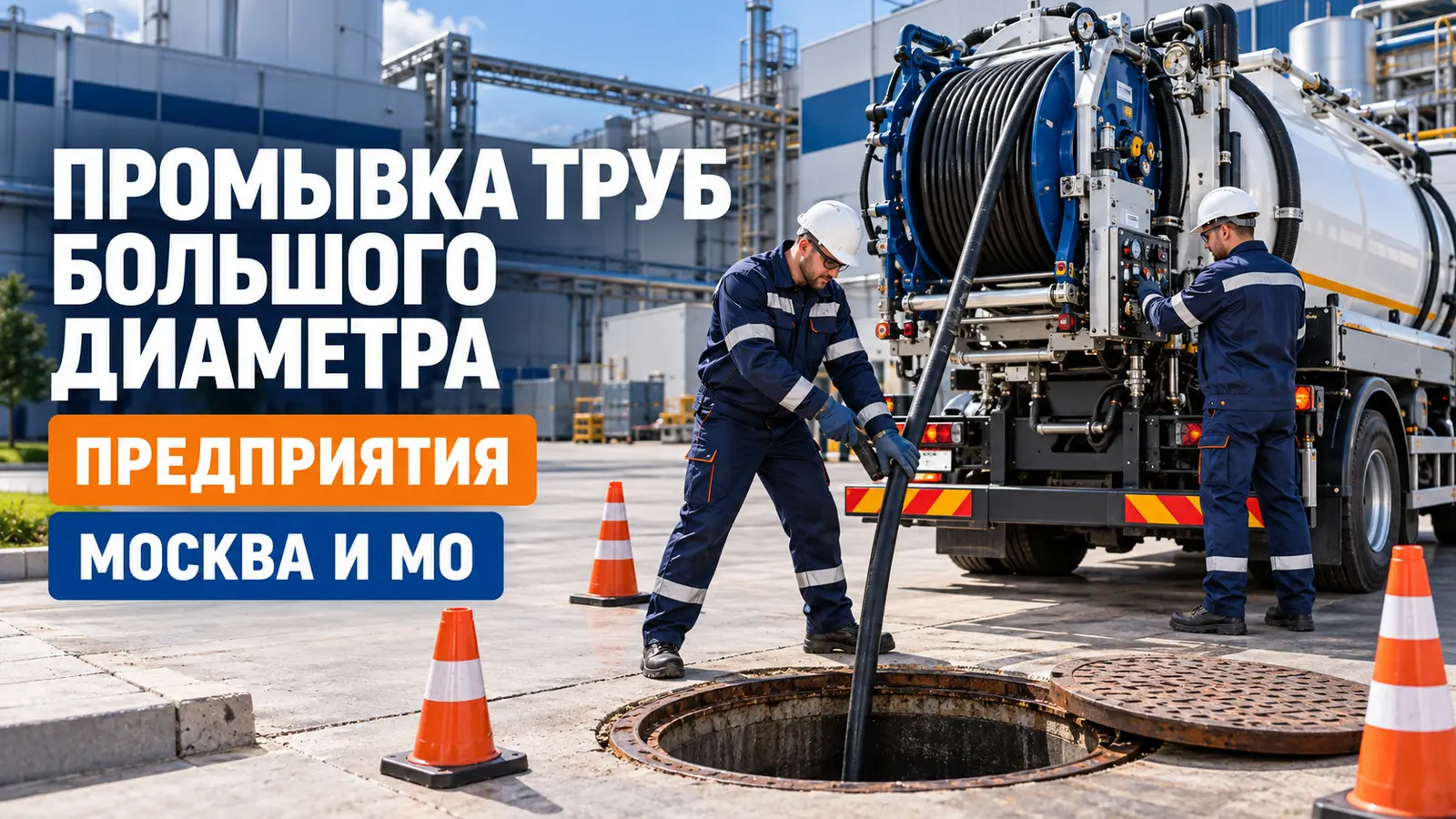 Промывка канализационных труб большого диаметра на предприятии