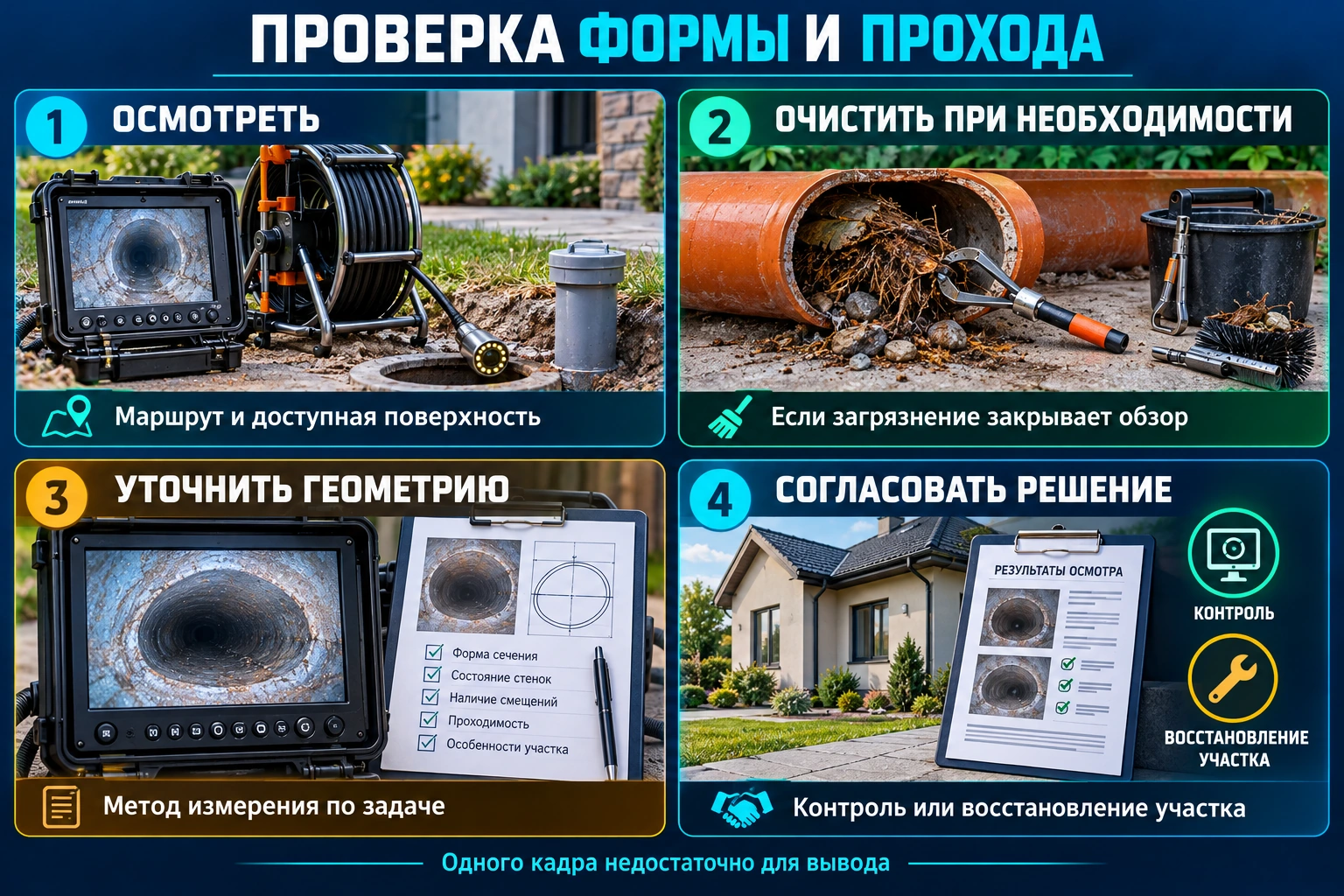 Инфографика: осмотр маршрута, очистка при закрытом обзоре, уточнение геометрии и согласование контроля или восстановления участка