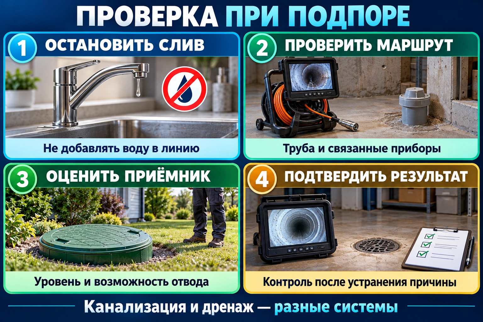 Инфографика проверки подпора: остановка слива, обследование маршрута, оценка принимающей системы и контроль после устранения причины